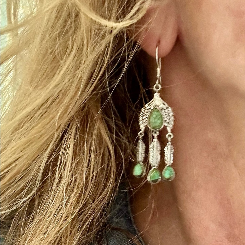 Artisan Crafted Blue Moon Turquoise Eagle Feathers Earrings in 925 SS NWT